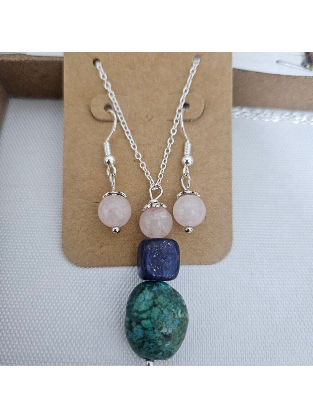 Natural Stone Turquoise, Lapis Lazuli, Rose Quartz Sterling Pendant Necklace Set